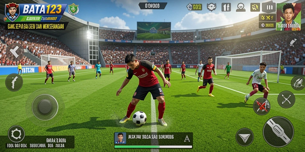 Screenshot menampilkan aksi seru dalam permainan sepak bola.