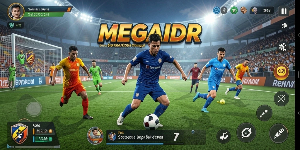 Tampilan gameplay MEGAIDR dengan aksi sepak bola yang menegangkan.