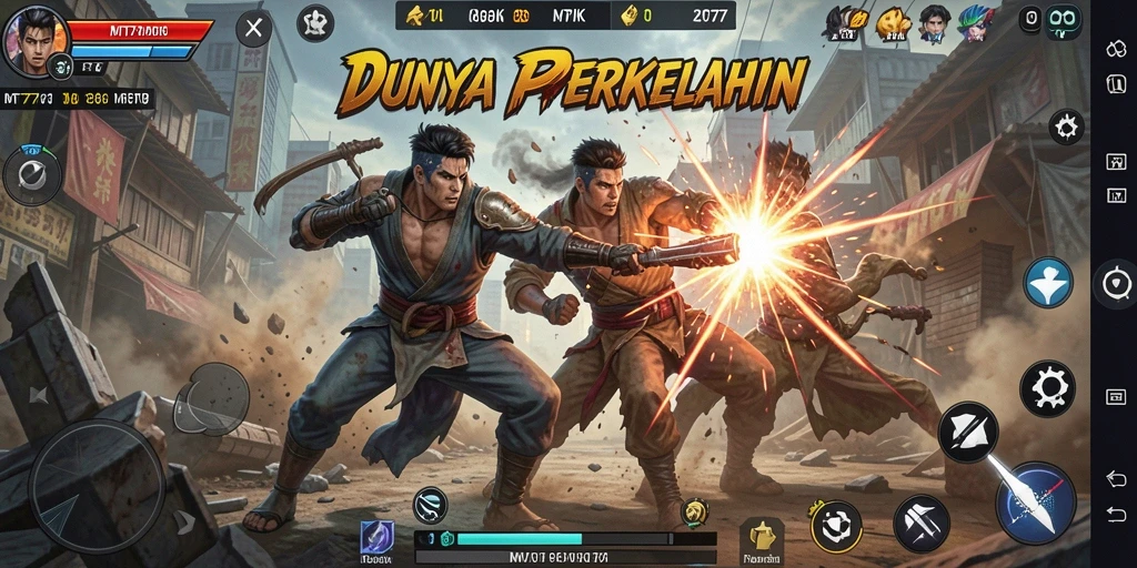 Tampilan gameplay MT777 yang menegangkan dengan karakter bertarung di arena.