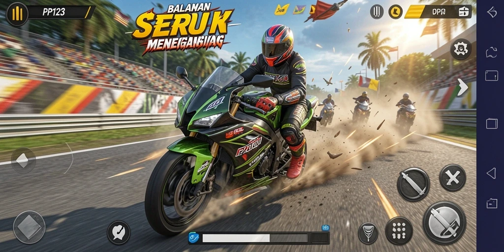 Tampilan gameplay menarik di <strong>PP123</strong> dengan motor balap yang cepat dan lintasan menantang.